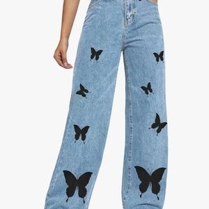 Women's Blue Jeans with Black Butterfly Design